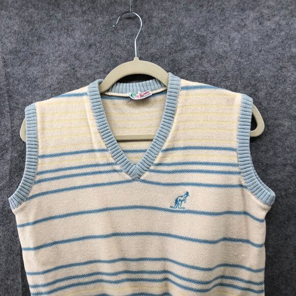 Vintage Sweater Vest Womens M Kangaroo Embroidered V-Neck Cream Blue Striped - Picture 3 of 7
